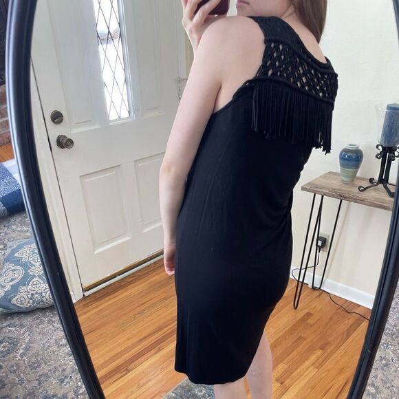 AllSaints Simmo Tee Crochet Fringe Mini Dress Black - Picture 1 of 8